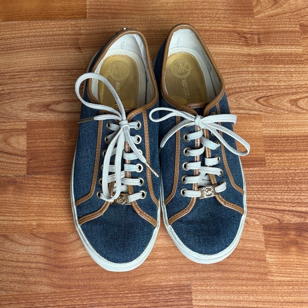 Michael Kors Blue and Brown Denim Lace-Up Sneakers Designer Logo Women's 9M 9
